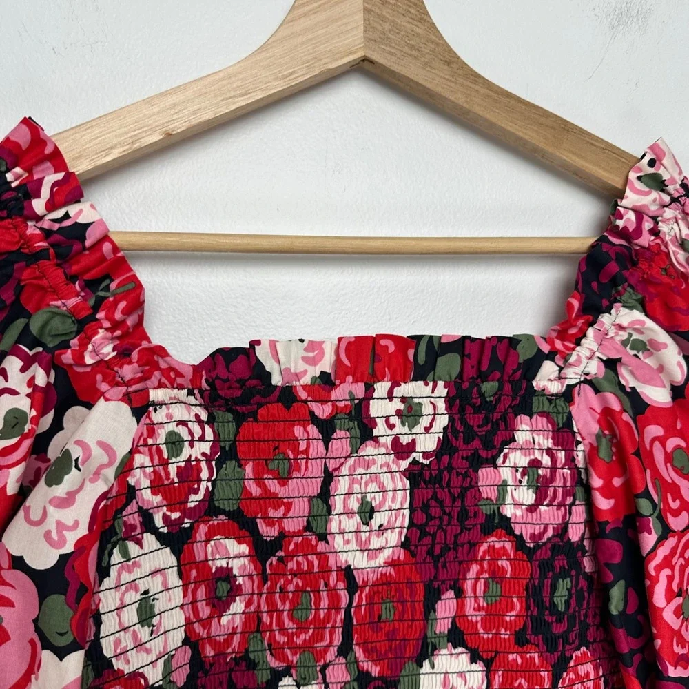 Kate Spade Rosette Blooms Puff Sleeve Smocked Floral Top Red Pink XS